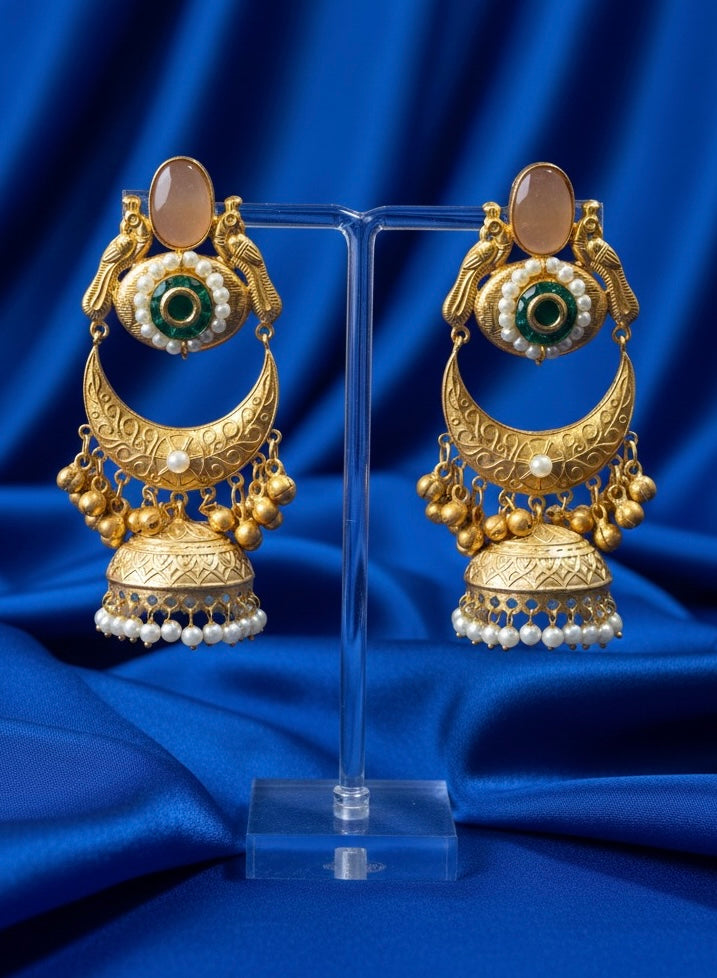 Royal Kashmiri Peacock Motif Blue Stone Jhumka – Handcrafted Statement Earring