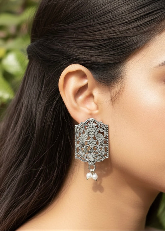 Silver-Tone Peacock Motif Filigree Pearl Drop Earrings
