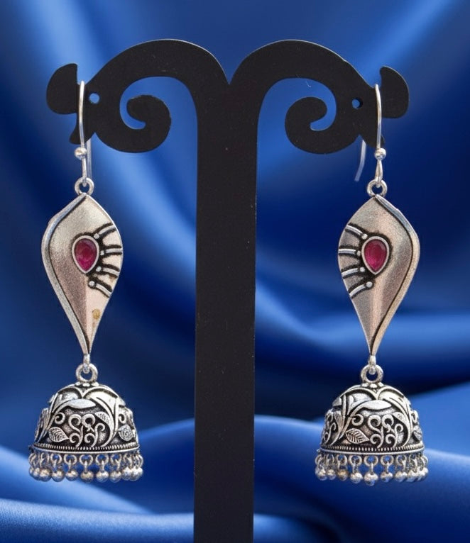 Boho Chic Oxidized Silver Tone Jhumkas with Intricate Floral Carving