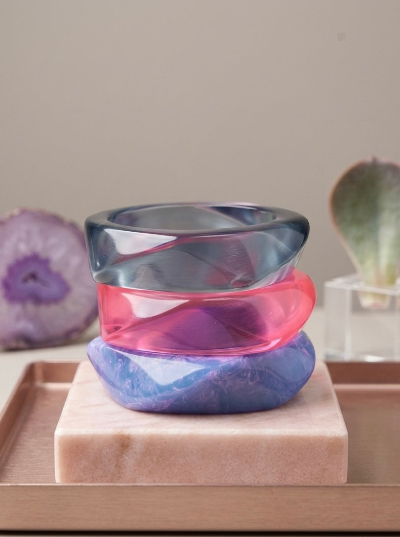 Twilight Aura Sculptural Resin Bangle Stack | Faceted Translucent & Marbled Cuff Set (Set of 3)