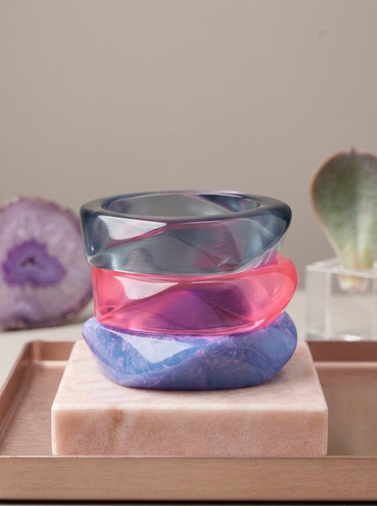 Twilight Aura Sculptural Resin Bangle Stack | Faceted Translucent & Marbled Cuff Set (Set of 3)