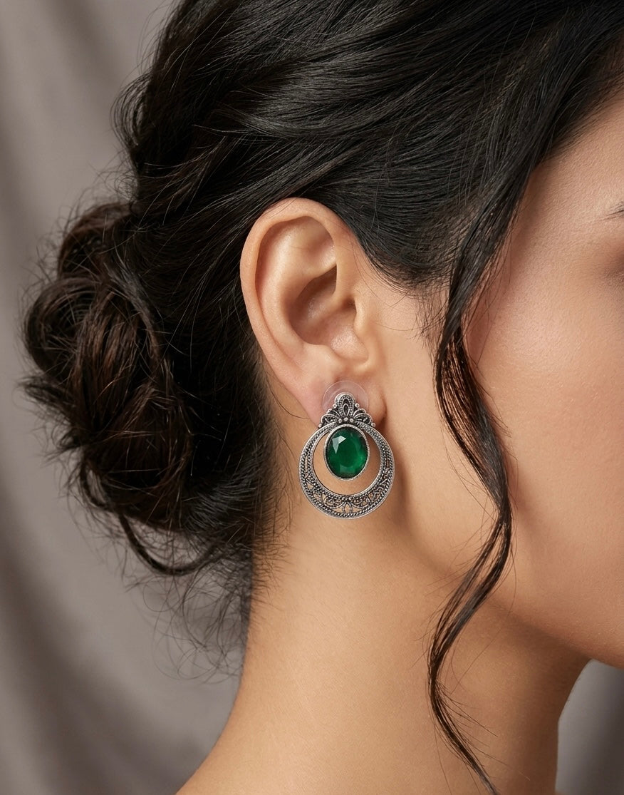 Vintage-Inspired Oxidized Silver Circular Studs with Emerald Green Stones