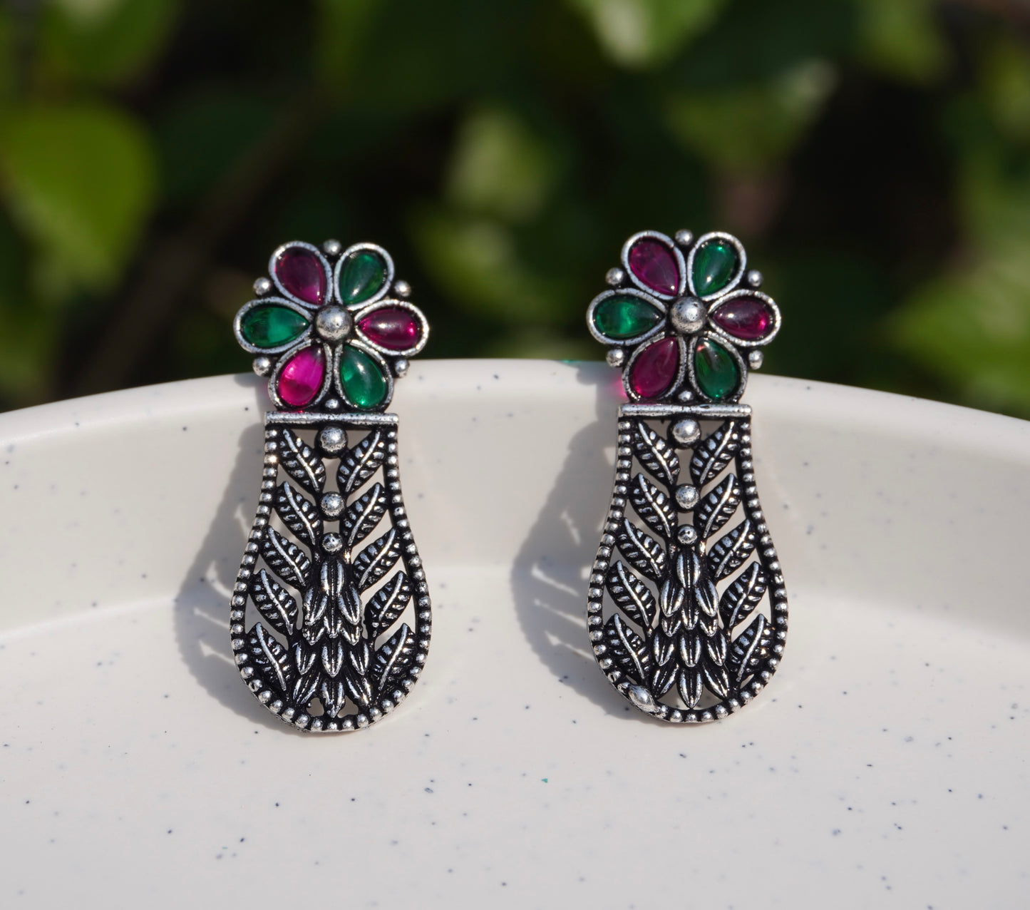 Oxidized Silver Floral Stud Drop Earrings