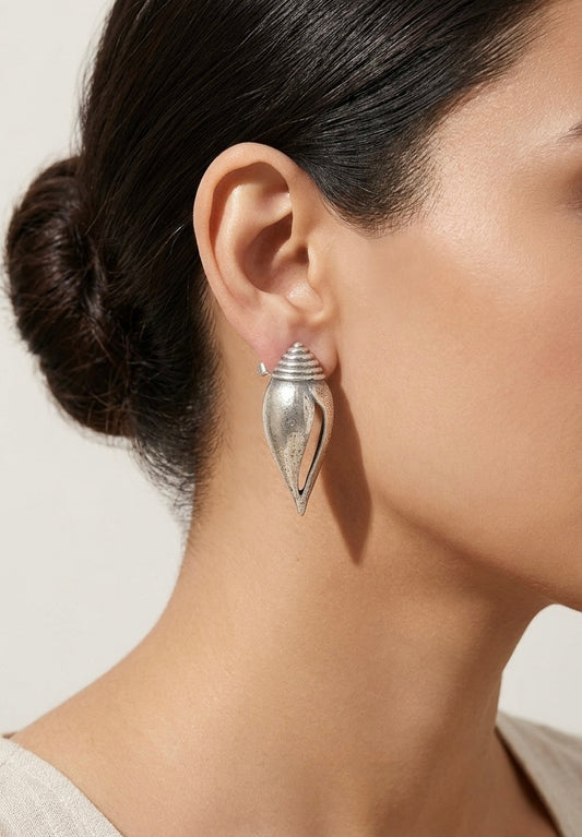 Artisan Silver Conch Shell Studs | Oxidized Sculptural Sea-Inspired Statement Earrings