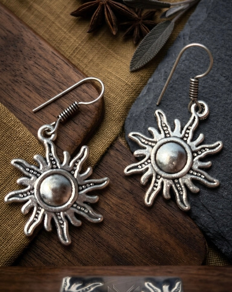 Oxidized Silver Sunburst Dangles | Celestial Bohemian Charm Drop Earrings