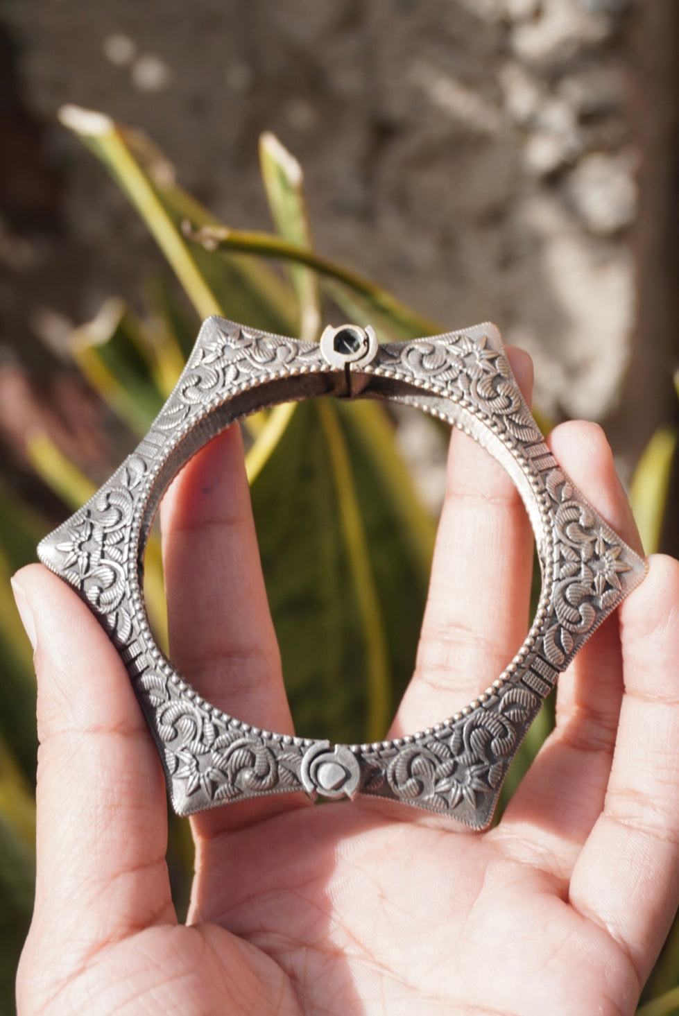 Artisanal Hexagonal Kada – Oxidized Silver Geometric Statement Bangle with Intricate Floral Engravings