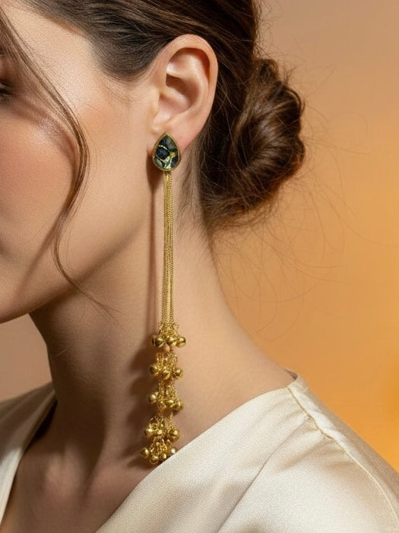 Regal Stone & Long Gold Chain Dangler Earrings | Kashmiri Jhumka