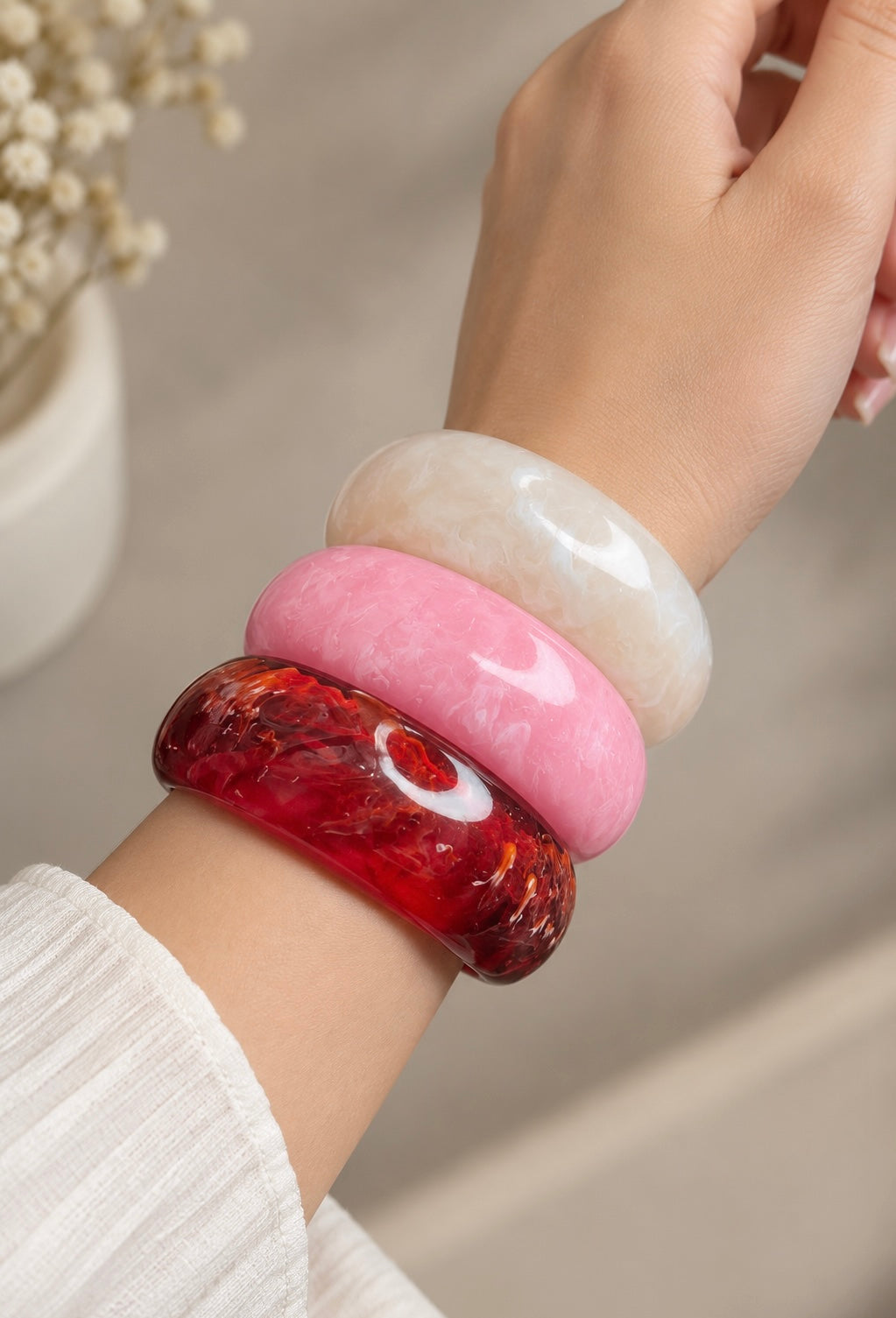 Rose Quartz & Crimson Marbled Resin Bangle Stack | Chunky Domed Acrylic Cuff Set (Set of 3)