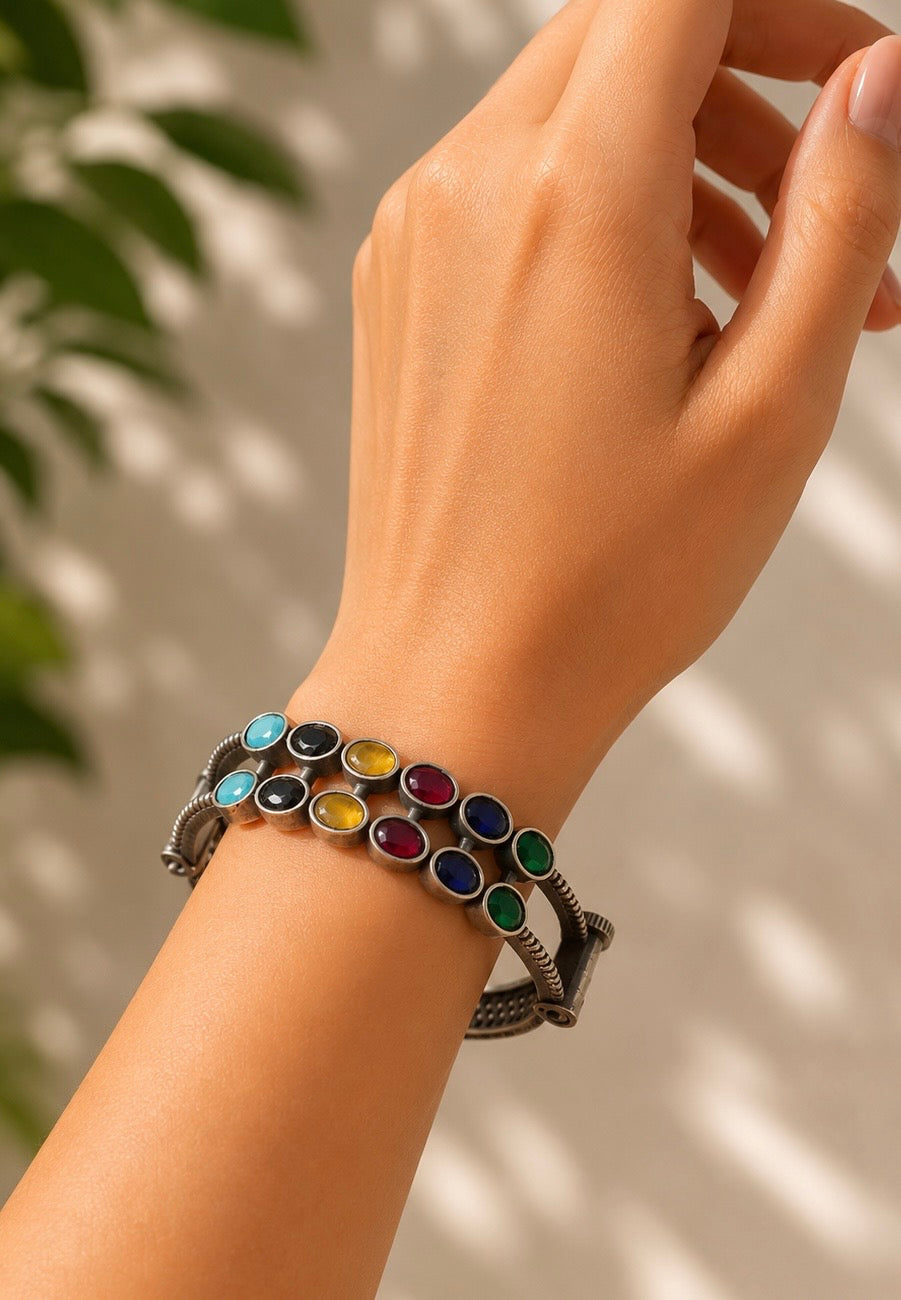 Navratna-Inspired Multi-Stone Dual-Rail Bangle – Vibrant Colored Stone Statement Kada in Oxidized Silver