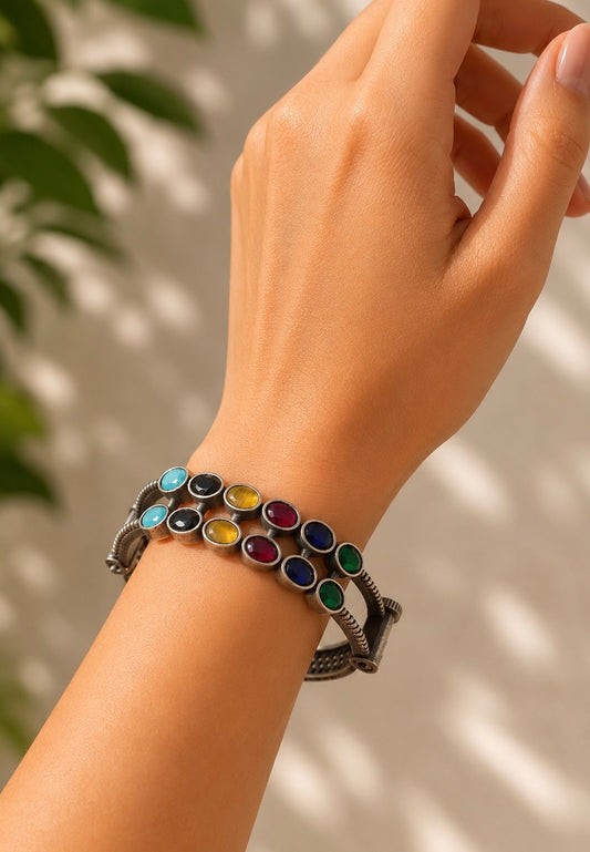 Navratna-Inspired Multi-Stone Dual-Rail Bangle – Vibrant Colored Stone Statement Kada in Oxidized Silver