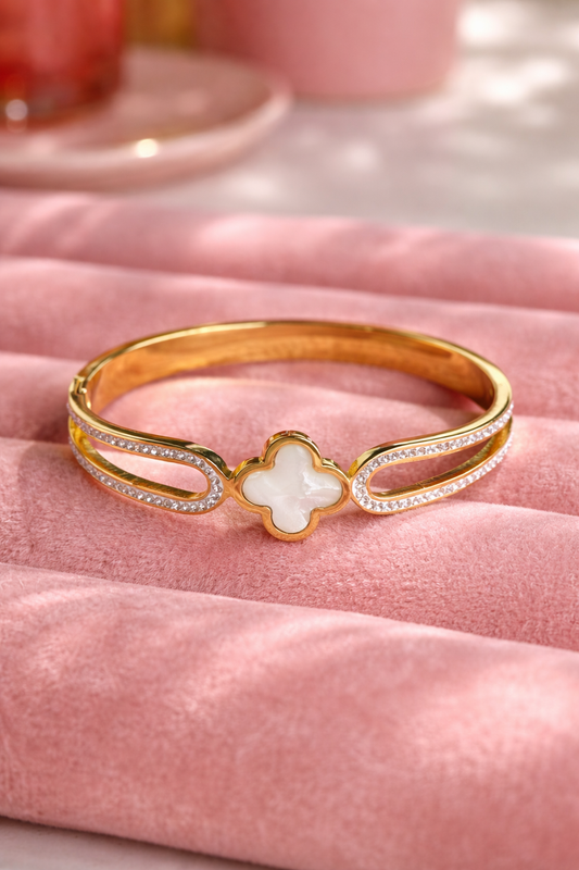 Baby Size Gold Clover Bangle | Crystal Pavé Radiant Charm Hinged Bracelet