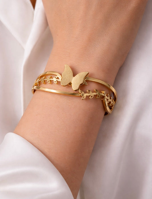 Ethereal Butterfly & Laurel Leaf Open Bangle