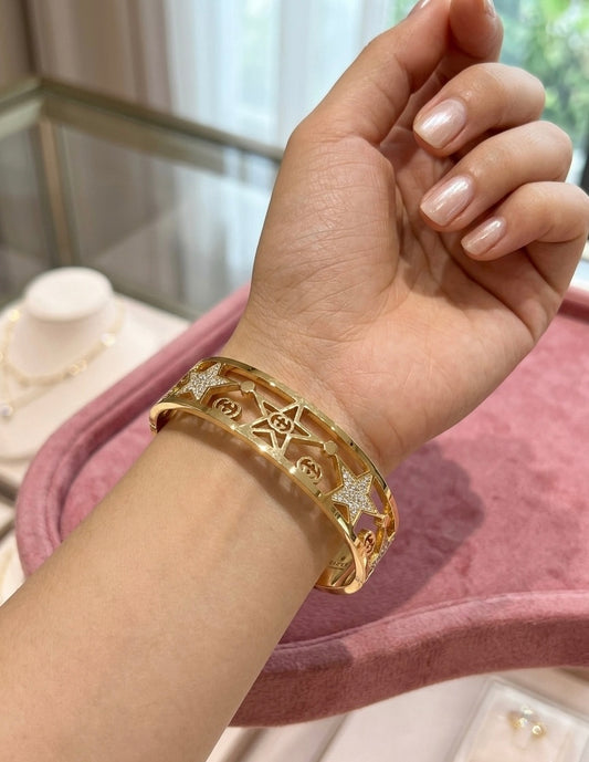 Celestial Star Pavé Gold Bangle – Designer-Inspired Cut-Out Statement Bracelet