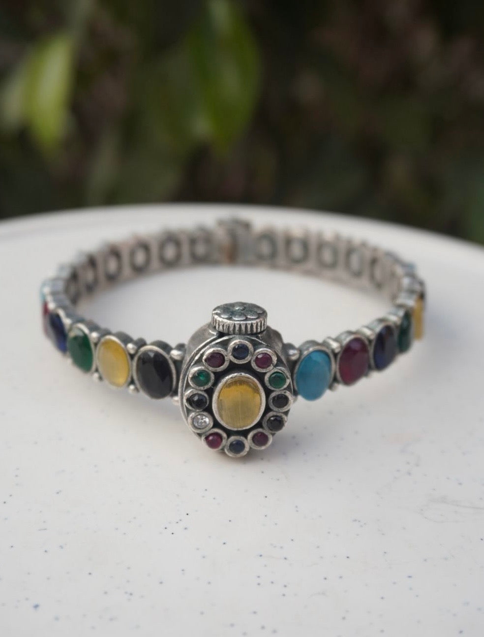 Royal Navratna-Inspired Multi-Stone Bracelet – Oxidized Silver Vintage Statement Kada