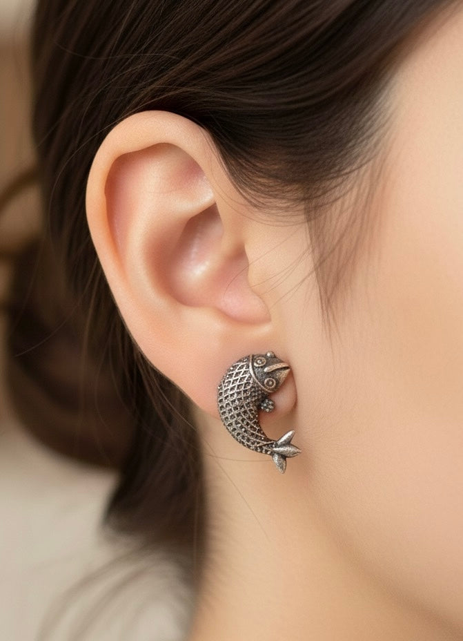 Oxidised German Silver Fish Stud Earrings