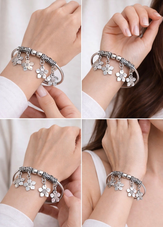 Oxidized Silver Floral Charm Bangle | Handcrafted Garden Blossom Dangle Bracelet