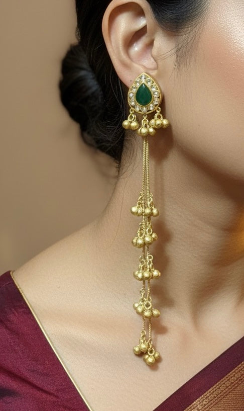 Regal Emerald Drop & Ghungroo Cascade Kashmiri Jhumka Earrings