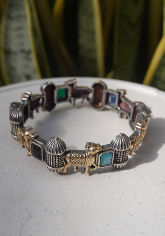 Royal Heritage Charm Link Bracelet – Two-Tone Antique Gold and Silver Bracelet with Sapphire & Emerald Accents