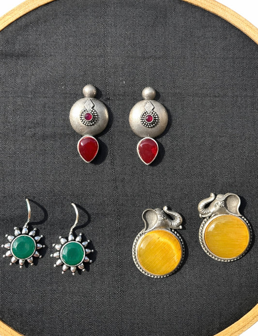 3-Pair Ethnic Oxidized Silver Earring Set with Green, Red, and Yellow Stones