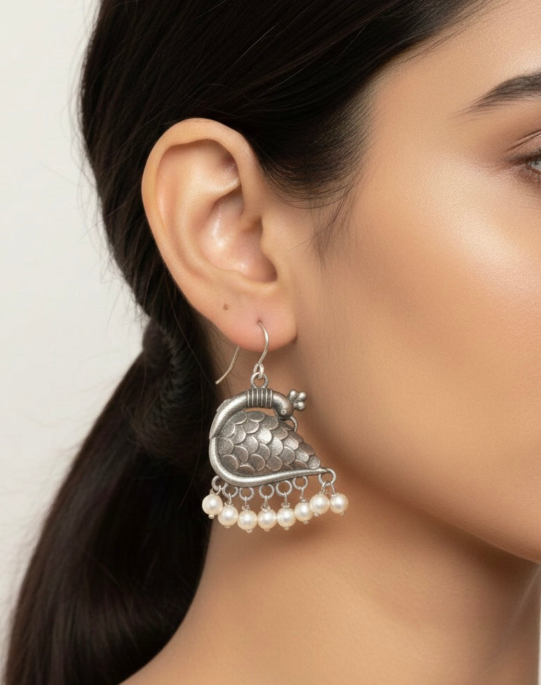 Oxidized Silver Heritage Peacock Statement Dangles With Pearl Droplets