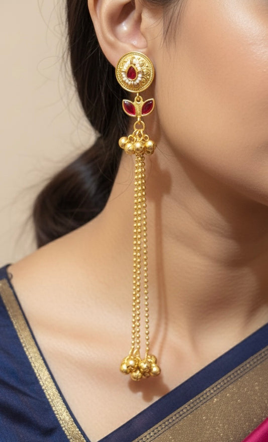 Royal Kashmiri Earrings with Ruby Accents & Gold Bead Tassels
