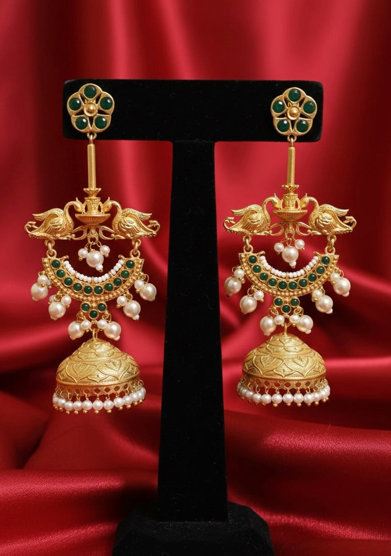 Regal Peacock Ruby & Pearl Kashmiri Jhumka- Brass