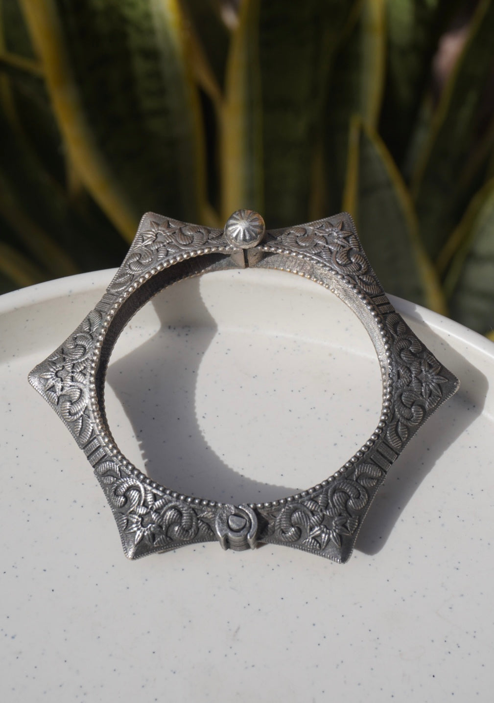 Artisanal Hexagonal Kada – Oxidized Silver Geometric Statement Bangle with Intricate Floral Engravings