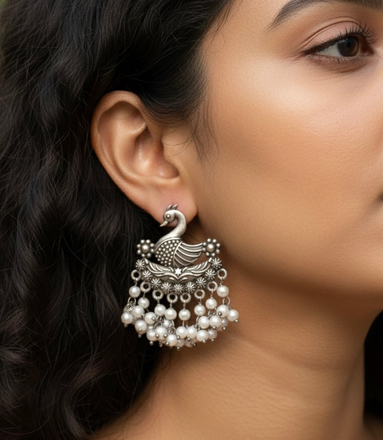 Oxidized Silver Peacock Dangler Earrings with Pearl Clusters