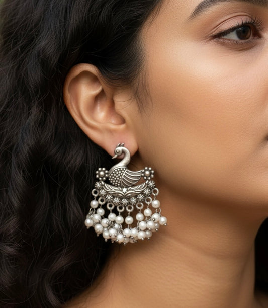 Oxidized Silver Peacock Dangler Earrings with Pearl Clusters