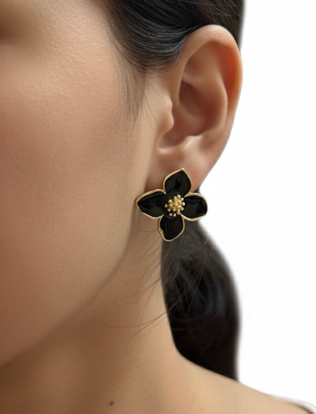 Chic Black Enamel Flower Stud Earrings with Gold Toned Finish