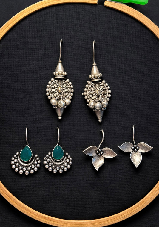 Artisan Tribal Earring Trio | Oxidized Silver Heritage Set with Emerald Accents