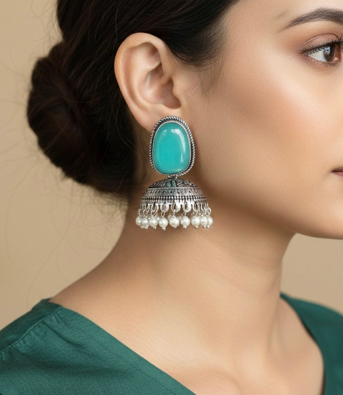 Oxidized Silver Onyx-Style Jhumka Earrings | Traditional Pearl Droplet Dangles