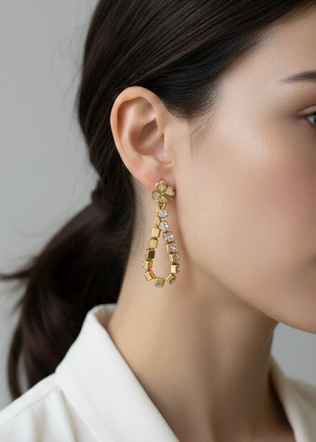 Gilded Clover & Rhinestone Teardrop Earrings – Petite Crystal Halo Drops