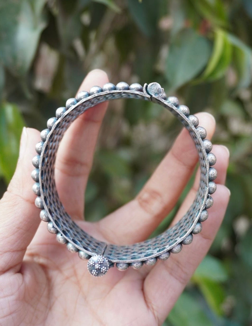 Artisanal Lattice Statement Bangle – Oxidized Silver Filigree Kada with Beaded Borders