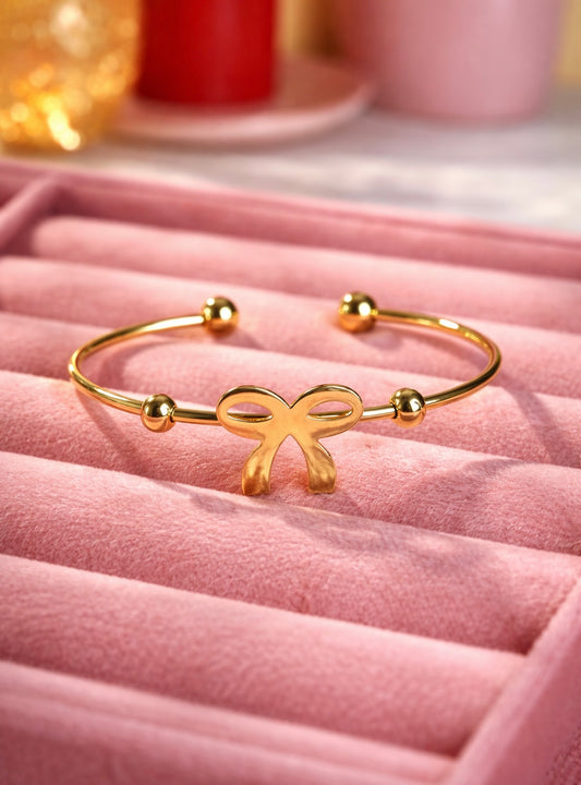 Baby Size Gold Bow Open Cuff Bracelet | Minimalist High-Polish Ribbon Bangle with Bead Accents