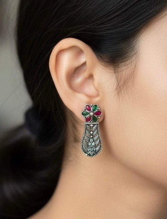 Oxidized Silver Floral Stud Drop Earrings