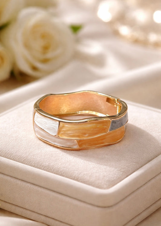 Art Deco Marbled Enamel Bracelet – Sculptural Gold-Toned Hinged Statement Cuff