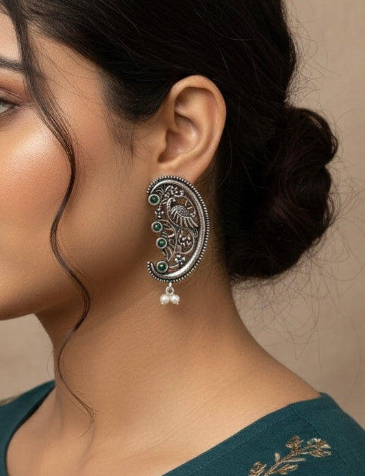 Oxidised Half-Moon Peacock Crescent Earrings with Emerald Green Accents