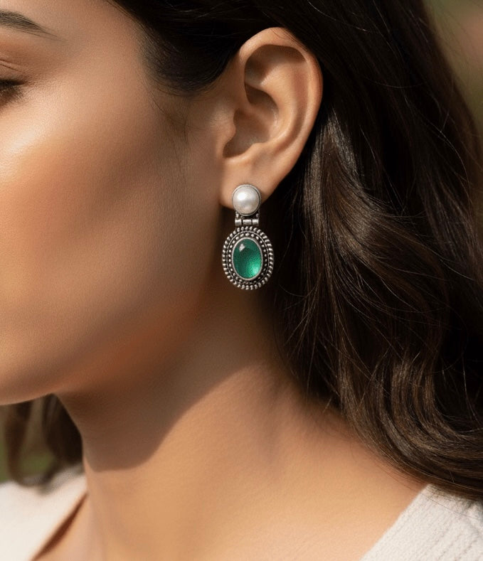 Pearl Stud & Green Glass Drop Earrings