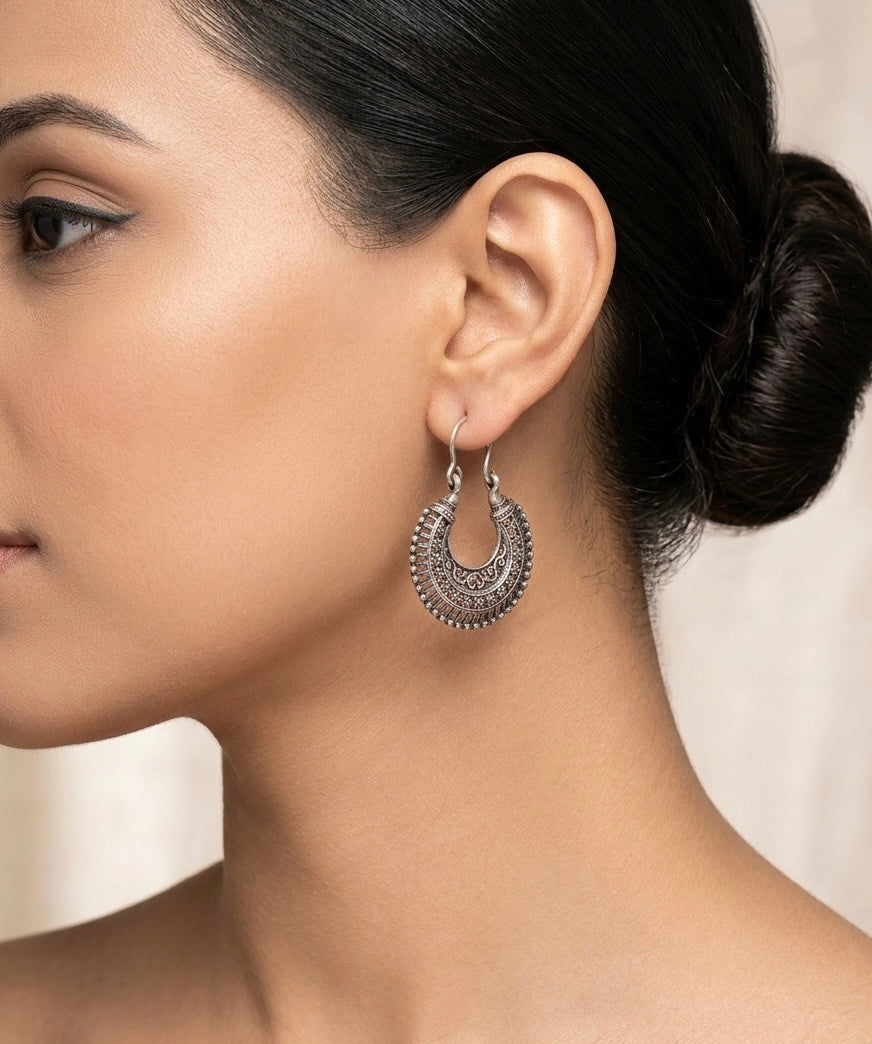 Silver Filigree Chandbali Hoops | Oxidized Tribal Crescent Earrings with Ornate Beadwork