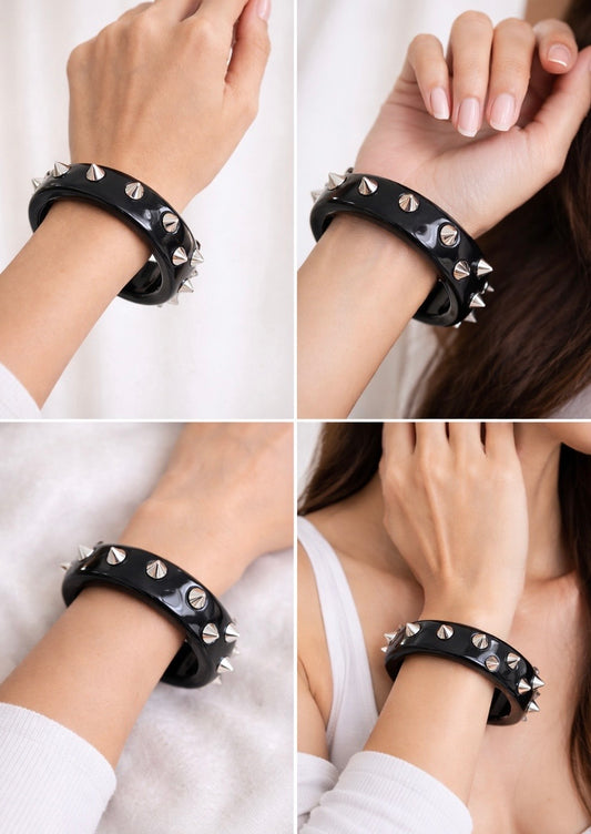 Midnight Rebellion Studded Bangle | Glossy Black Punk-Rock Spiked Bracelet