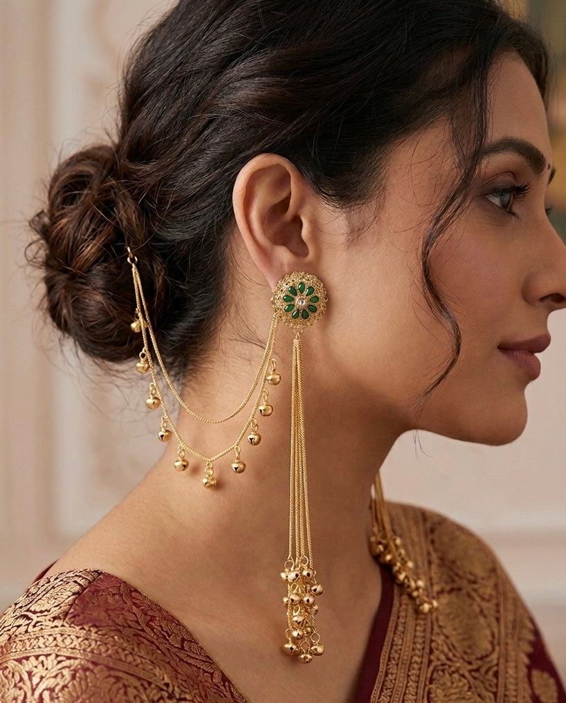 Kashmiri Kemp Stone Sahara Earrings – Gold-Toned Jhumka with Cascading Hair Chains