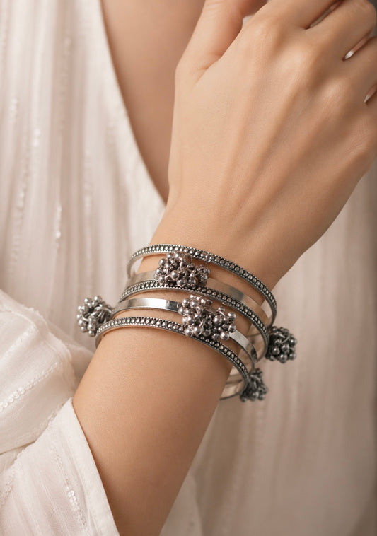 Layered Ghungroo Bangle – Oxidized Silver Multi-Wire Statement Bracelet with Cluster Bells