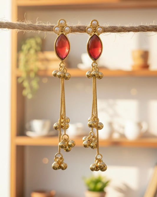 Mehtab Ruby & Pearl Drops – Traditional Kashmiri Chain Earrings