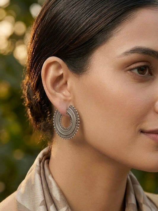 Silver Filigree C-Hoops | Antiqued Tribal Crescent Post Earrings with Scalloped Edge
