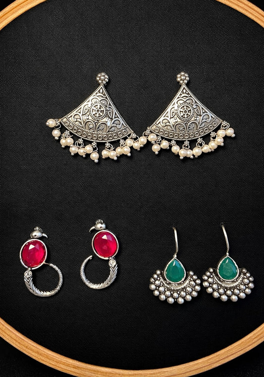Gemstone Earring Set | 3-Pair Oxidized Silver Trio with Filigree Fans, Ruby Birds & Emerald Chandbalis