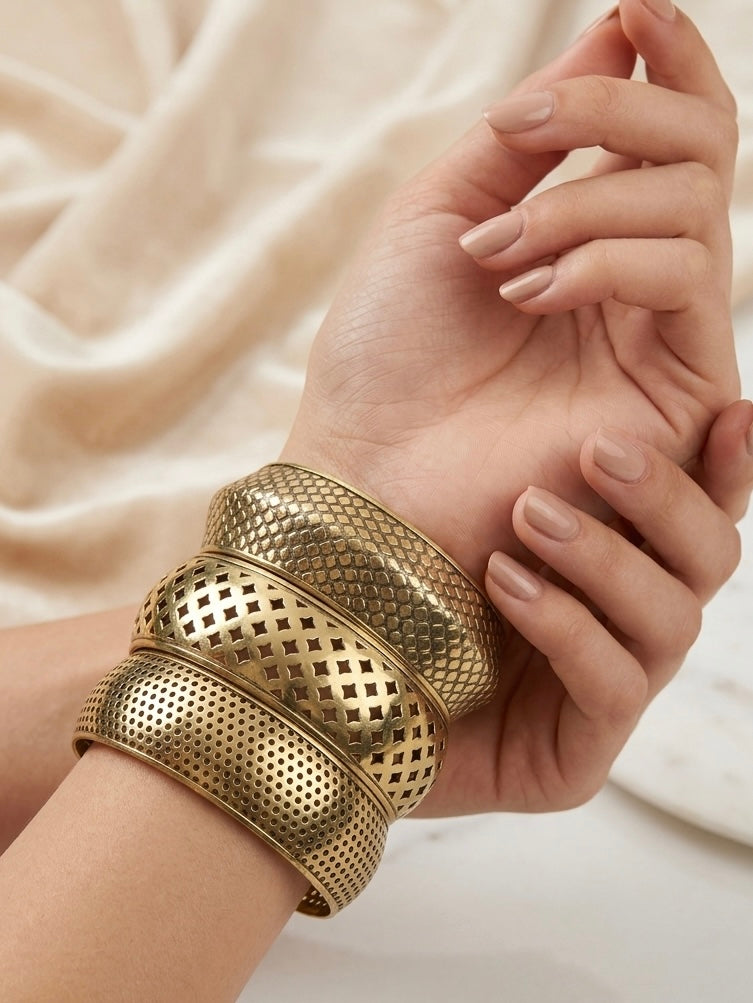 Antique Golden Filigree Cuff Stack | Perforated Geometric Brass Bangles (Set of 3)
