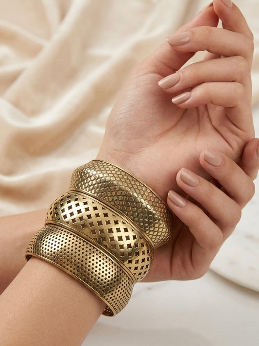 Antique Golden Filigree Cuff Stack | Perforated Geometric Brass Bangles (Set of 3)