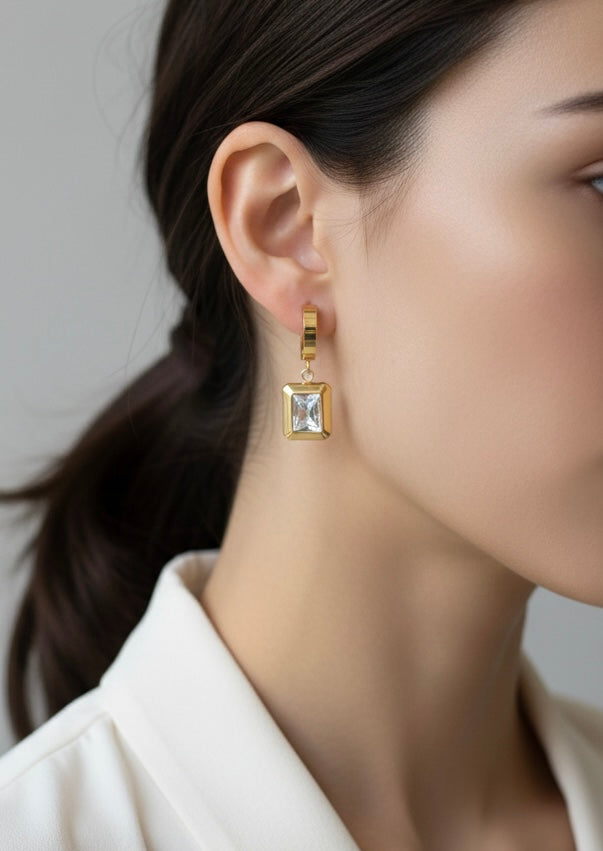 Elara Crystal Gold Hoops – Sophisticated Rectangular Drops