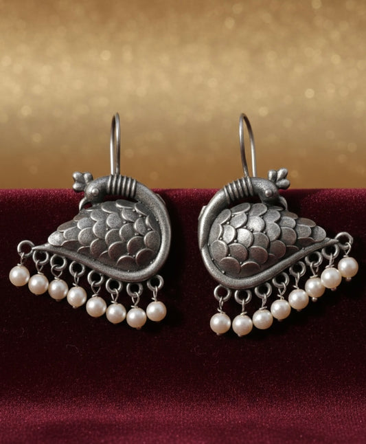 Oxidized Silver Heritage Peacock Statement Dangles With Pearl Droplets